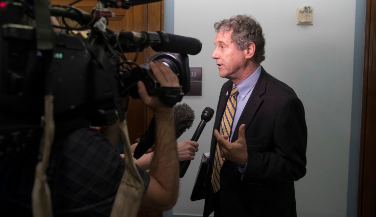 Democrat slams the Fed for letting Goldman Sachs, Morgan Stanley pass their stress tests Sen. Sherrod Brown, D-Ohio, speaks to reporters as the retirement of Justice Anthony Kennedy is announced, on Capitol Hill, Wednesday, June 27, 2018 in Washington.
