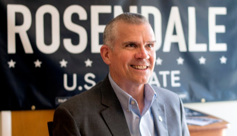 Matt Rosendale awaits an interview with a reporter in Helena, Mont., as he announces his bid for the U.S. Senate as a Republican, running against Democratic incumbent Jon Tester.