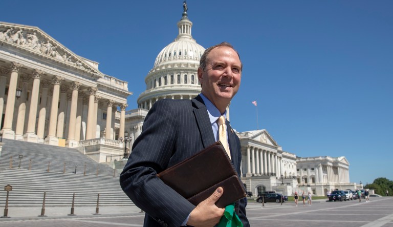 Rep. Adam Schiff, D-Calif., ranking member of the House Intelligence Committee, walks across the plaza on Capitol Hill in Washington, Wednesday, July 18, 2018.