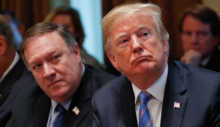 President Trump and Secretary of State Mike Pompeo listen to Ivanka Trump, the daughter and assistant to the president, during a meeting in the Cabinet Room of the White House on July 18, 2018.