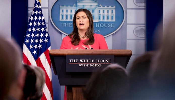 White House press secretary Sarah Huckabee Sanders speaks to the media during the daily press briefing at the White House, Wednesday, July 18, 2018, in Washington.