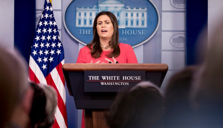 White House press secretary Sarah Huckabee Sanders speaks to the media during the daily press briefing at the White House, Wednesday, July 18, 2018, in Washington.