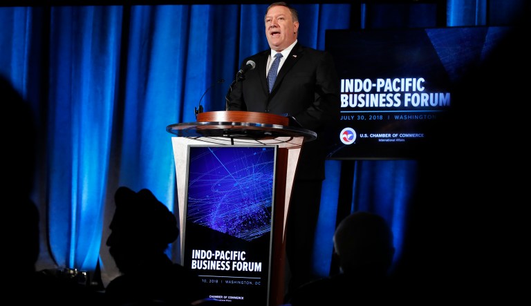 Secretary of State Mike Pompeo speaks to the Indo-Pacific Business Forum at the U.S. Chamber of Commerce, Monday, July 30, 2018, in Washington. 