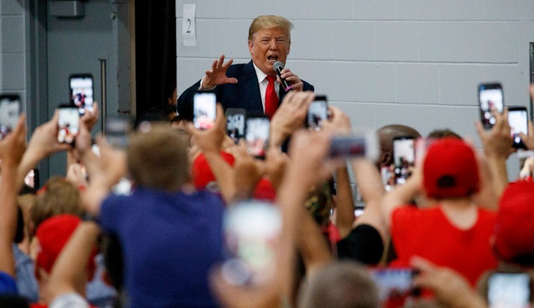 President Trump speaks in an overflow room before speaking at the main rally in Lewis Center, Ohio.