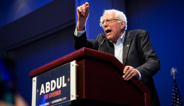 U.S. Sen. Bernie Sanders (I-Vermont) speaks in support of Abdul El-Sayed at a Get Out The Vote rally for Michigan Democratic gubernatorial candidate Abdul El-Sayed at Cobo Center in Detroit on Sunday, Aug. 5, 2018. 