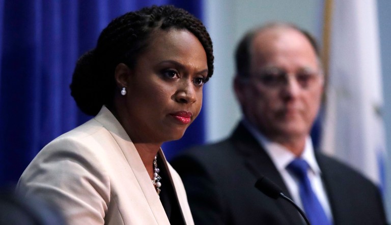 Boston City Councilor Ayanna Pressley, who is challenging incumbent U.S. Rep. Michael Capuano, D-Mass., during a debate at the University of Massachusetts, in Boston, Tuesday, Aug. 7, 2018.
