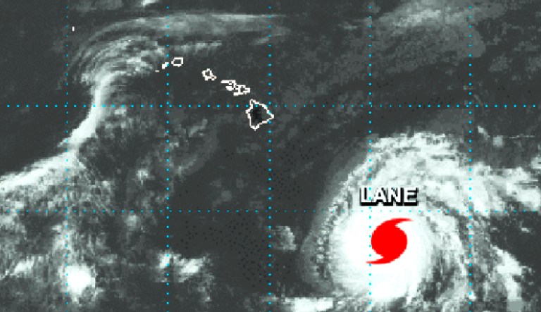 This NASA satellite imagery shows Hurricane Lane in the Central Pacific Ocean southeast of the Hawaiian Islands at 2:01 p.m. HST Monday. National Weather Service forecasters warn that the entire state of Hawaii needs to brace for a possible hurricane strike because of the uncertainty of Lane's path and its intensity. As of Monday, the storm is about 600 miles (966 kilometers) southeast of Hilo on the Big Island, or about 800 miles (1,287 kilometers) from the state's capital city of Honolulu. 