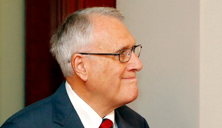 Former Sen. Jon Kyl, R-Ariz., pauses as he talks about his appointment by Gov. Doug Ducey, R-Ariz., to fill Sen. John McCain's seat in the U.S. Senate at a news conference in Phoenix.