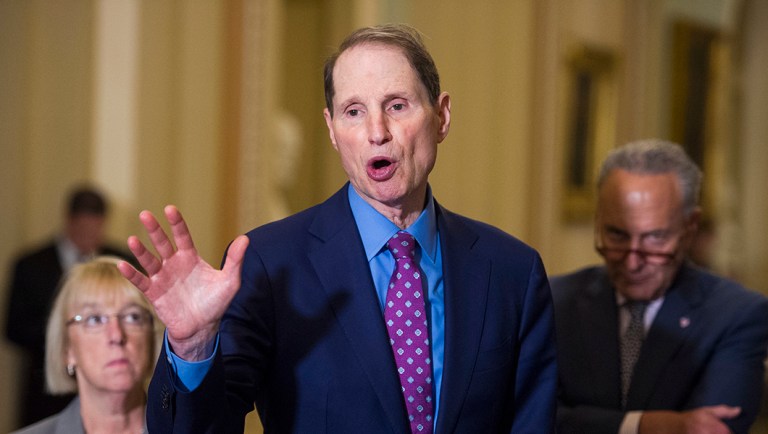 Sen. Ron Wyden (D-OR), center, speaks with reporters.