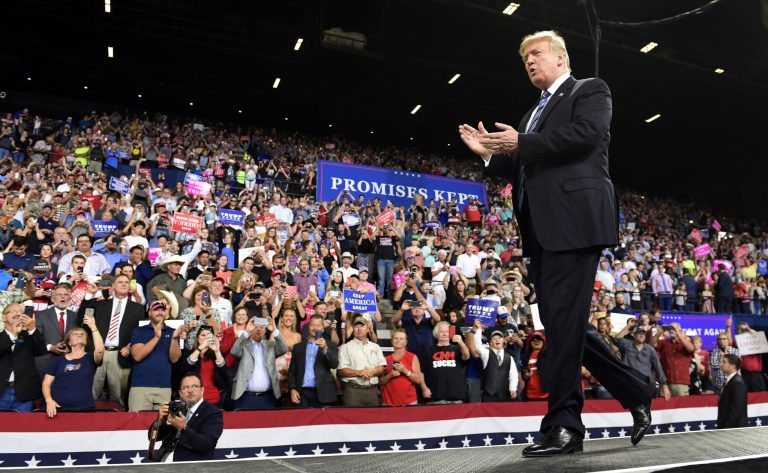 President Donald Trump arrives to speak at a rally in Billings, Mont., Thursday, Sept. 6, 2018.