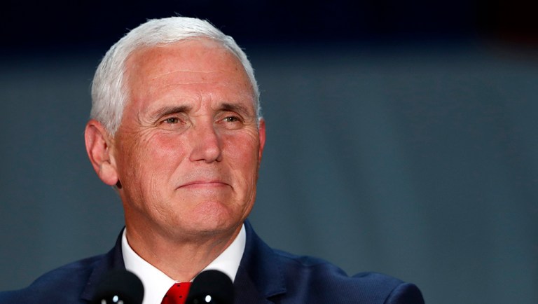Vice President Mike Pence speaks to airmen during a visit to Nellis Air Force Base in Las Vegas.