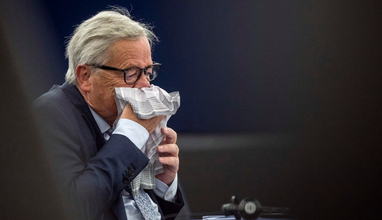 European Commission President Jean-Claude Juncker blows his nose as he delivers his State of the Union speech at the European Parliament in Strasbourg, France, Sept.12, 2018.