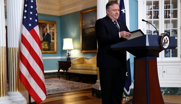 Secretary of State Mike Pompeo finishes speaking about refugees as he makes a statement to the media Monday, Sept. 17, 2018, at the State Department in Washington.