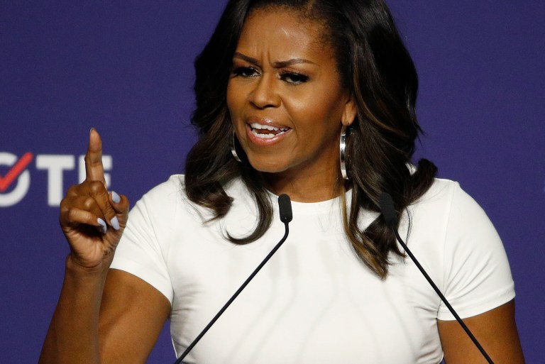 Former first lady Michelle Obama speaks at a rally to encourage voter registration Sunday, Sept. 23, 2018, in Las Vegas.
