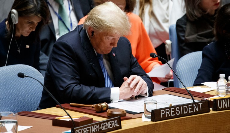 President Donald Trump participates in a United Nations Security Council briefing on counterproliferation at the United Nations General Assembly, Wednesday, Sept. 26, 2018, at U.N. Headquarters.
