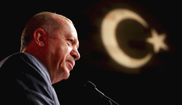 Turkish President Recep Tayyip Erdogan talks during a conference in New York.
