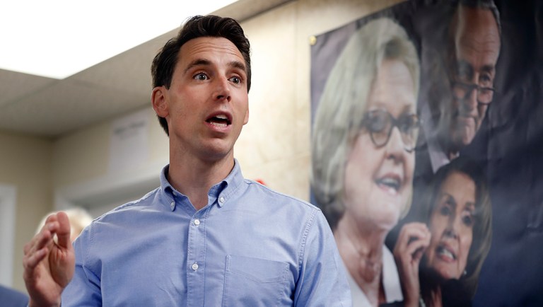 Missouri Attorney General and Republican U.S. Senate candidate Josh Hawley speaks to supporters.