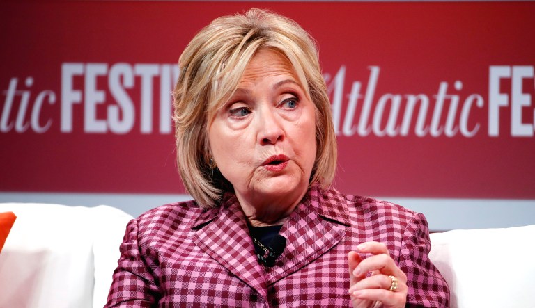 Former Secretary of State Hillary Clinton talks with Jeffrey Goldberg, editor in chief of The Atlantic, during The Atlantic Festival, Tuesday, Oct. 2, 2018, in Washington.
