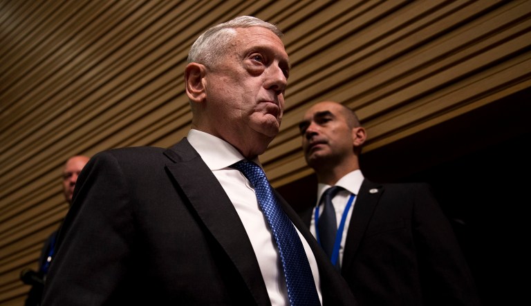 Secretary for Defense Jim Mattis arrives at a gathering of NATO defense ministers at NATO headquarters in Brussels, Thursday, Oct. 4, 2018.