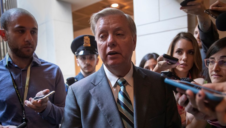Sen. Lindsey Graham, R-S.C., a member of the Senate Judiciary Committee, responds to reporters.