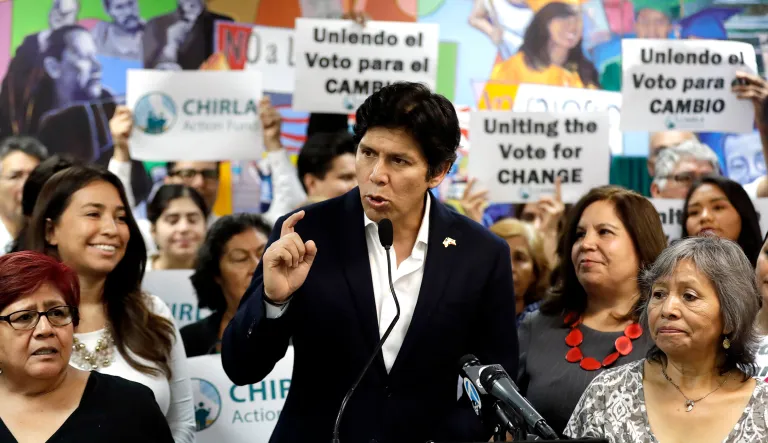 State Sen. Kevin de Leon, D-Los Angeles, speaks during a campaign stop at CHIRLA Action Fund headquarters in Los Angeles. De Leon is running for U.S. Senate against incumbent Dianne Feinstein.
