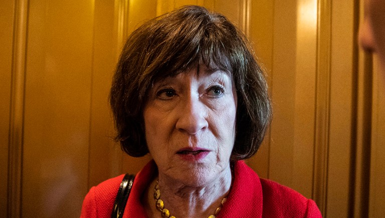 Sen. Susan Collins, R-Maine, talks with a reporter on Capitol Hill