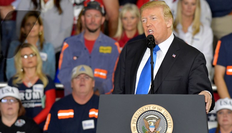President Donald Trump speaks to a crowd at Eastern Kentucky University, Saturday, Oct. 13, 2018, in Richmond, Ky.