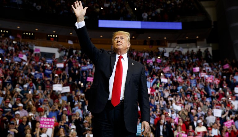 President Donald Trump arrives for a campaign rally for Sen. Ted Cruz, R-Texas, at Houston Toyota Center, Monday, Oct. 22, 2018, in Houston. 