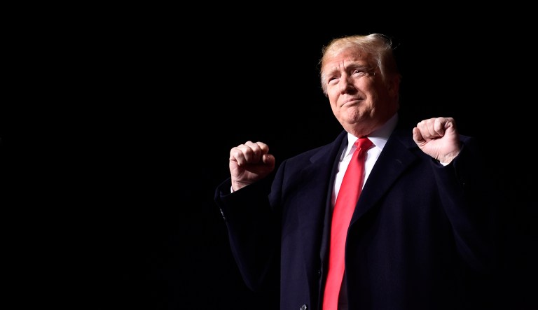 President Trump arrives to speak at a rally at Central Wisconsin Airport in Mosinee, Wis., Wednesday, Oct. 24, 2018.