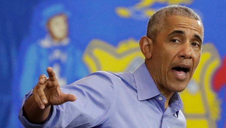 Former President Barack Obama speaks at a rally in support of Wisconsin Democratic candidates.