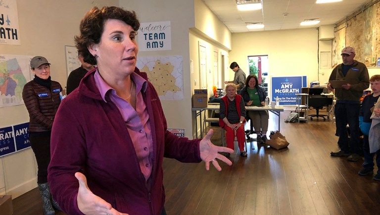Democrat Amy McGrath speaks to supporters at a campaign field office in Winchester, Kentucky.