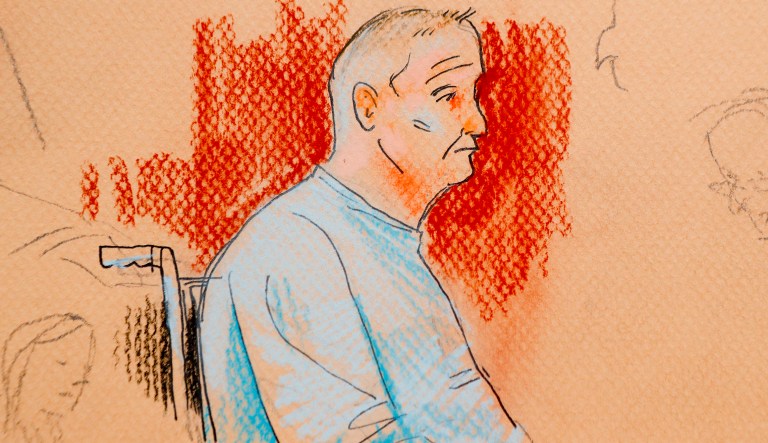 This courtroom sketch depicts Robert Bowers, who was wounded in a gun battle with police as he appeared in a wheelchair at federal court on Monday, Oct. 29, 2018, in Pittsburgh. Bowers, accused in the Pittsburgh synagogue massacre, appeared briefly in federal court in a wheelchair and handcuffs Monday to face charges he killed 11 people.