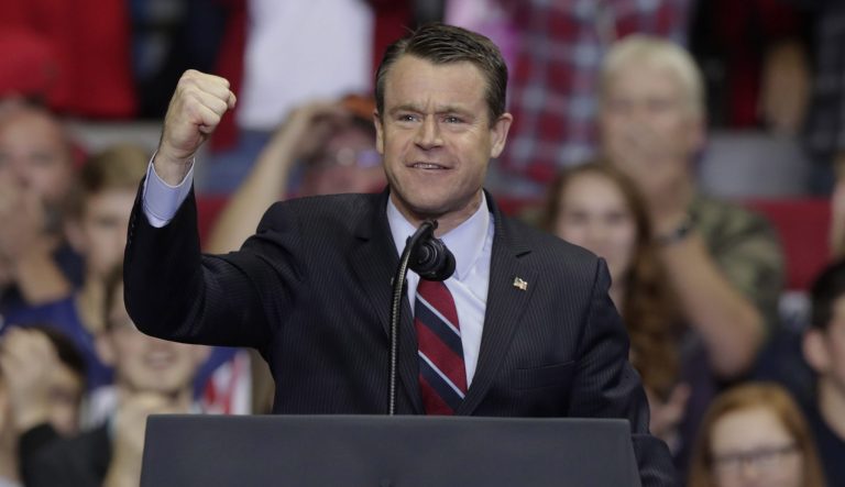 Sen. Todd Young, R-Ind., speaks at a campaign rally featuring President Donald Trump at the Allen County War Memorial Coliseum in Fort Wayne, Ind., Monday, Nov. 5, 2018. 
