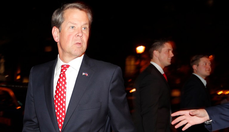 Georgia Republican gubernatorial candidate and state Secretary of State Brian Kemp arrives to an election-night watch party, Tuesday, Nov. 6, 2018, in Athens, Ga.