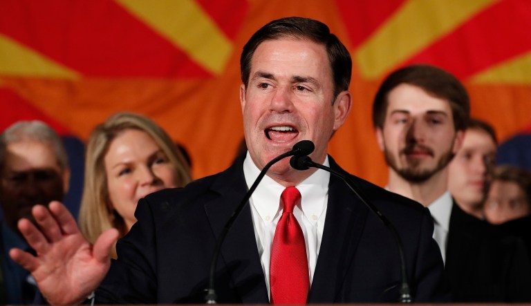 Arizona Gov. Doug Ducey, R, speaks to supporters, Tuesday, Nov. 6, 2018, at an election night party in Scottsdale, Ariz. Incumbent Ducey defeated democratic challenger David Garcia for his second term.