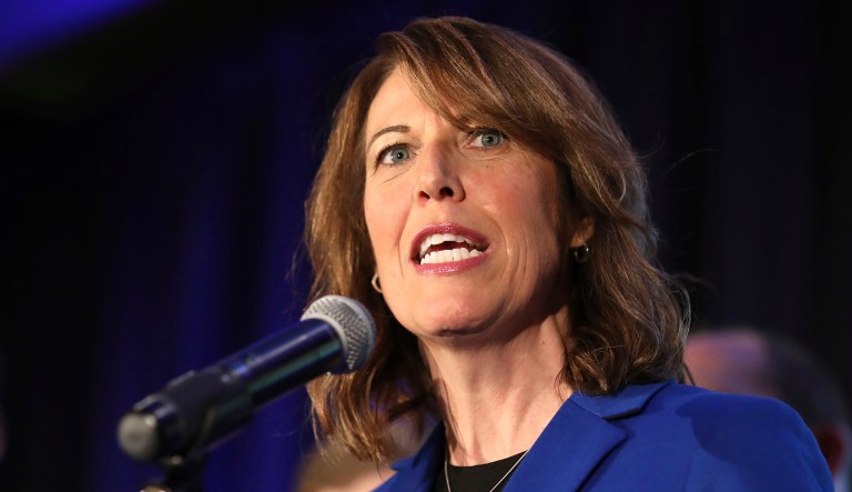 Iowa Democratic Congressional candidate Cindy Axne delivers her acceptance speech for Iowa's 3rd Congressional District at the Iowa Democratic election night party, Wednesday, Nov. 7, 2018, in Des Moines, Iowa. 