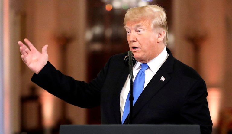 President Trump speaks during a news conference in the East Room of the White House in D.C.