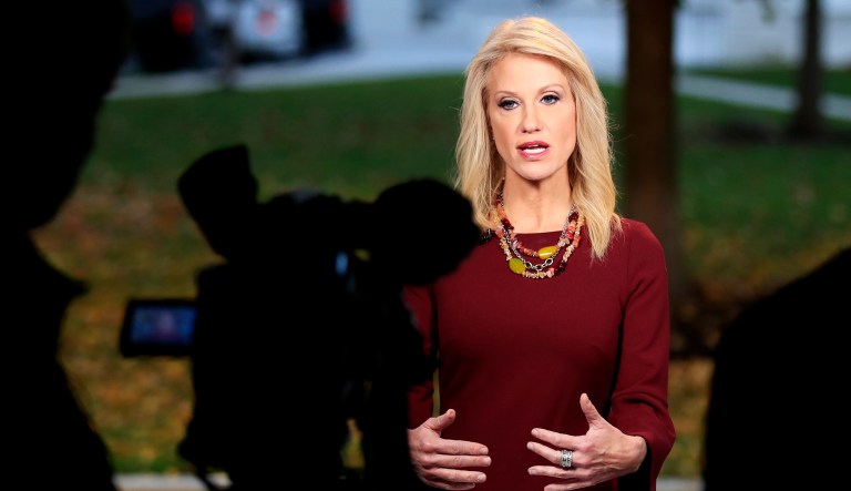 Counselor to the President Kellyanne Conway is interviewed on television at the White House's North Lawn in D.C.