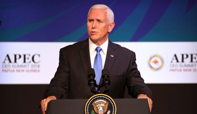 U.S. Vice President Mike Pence speaks at the APEC CEO Summit at the Pacific Explorer cruise ship docked in Port Moresby, Papua New Guinea, on Saturday.
