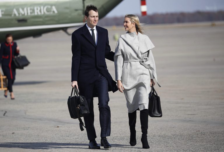 White House Senior Adviser Jared Kushner, left and Ivanka Trump, the daughter and assistant to President Donald Trump, walk across the tarmac before boarding Air Force One, Thursday, Nov. 29, 2018 at Andrews Air Force Base, Md.