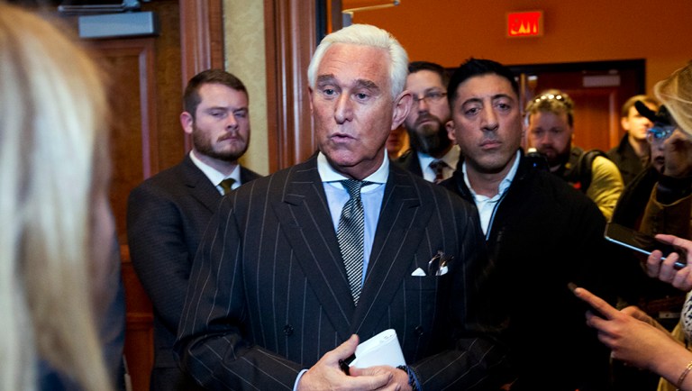 Roger Stone speaks to reporters after speaking at the American Priority Conference.