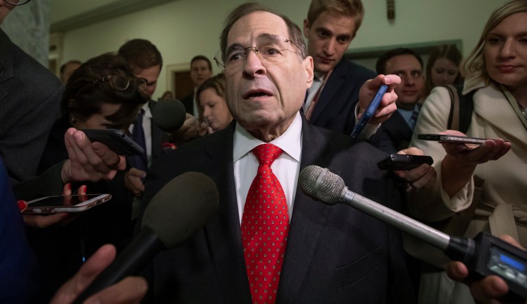 Rep. Jerrold Nadler, D-N.Y., the top Democrat on the House Judiciary Committee, is met by reporters as her arrives for testimony by former FBI Director James Comey behind closed doors on Capitol Hill in Washington, Friday, Dec. 7, 2018. Nadler is the incoming chairman of the Judiciary panel.