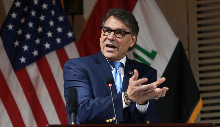 Energy Secretary Rick Perry speaks at a press conference during a U.S. chamber of commerce's U.S. Iraq business initiative business mission to Iraq, in Baghdad, Iraq.