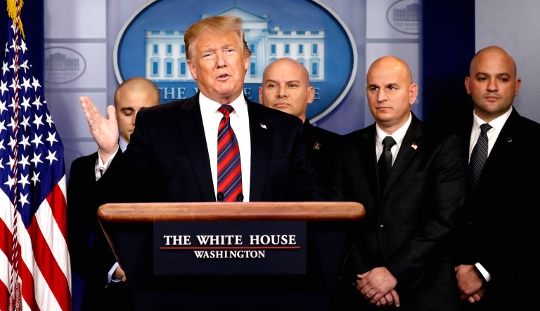 President Trump speaks in the press briefing room at the White House in D.C.