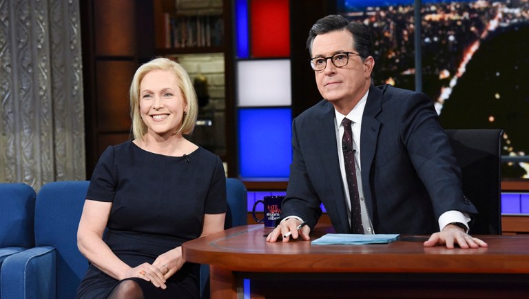 This image released by CBS shows Sen. Kirsten Gillibrand, D- N.Y. with host Stephen Colbert during a taping of "The Late Show With Stephen Colbert."