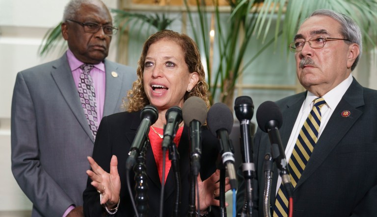 Rep. Debbie Wasserman Schultz, D-Fla., center, joined by House Majority Whip James Clyburn, D-S.C., left, and Rep. G.K. Butterfield, D-N.C., right, speaks during a news conference on Capitol Hill in Washington, Thursday, Jan. 17, 2019, following weekly Whip meeting.