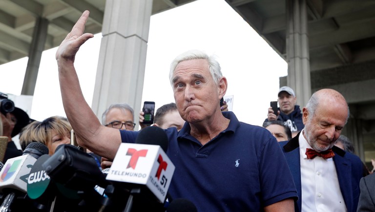 Roger Stone, a confidant of President Trump, speaks outside of the federal courthouse following a hearing.