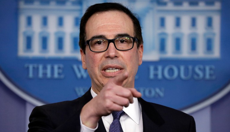 Treasury Secretary Steven Mnuchin speaks during a press briefing at the White House, Monday, Jan. 28, 2019, in Washington.