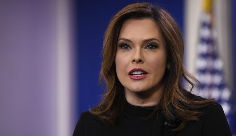 Communications adviser Mercedes Schlapp does a television interview in the press briefing at the White House in Washington, Tuesday, Jan. 29, 2019. 