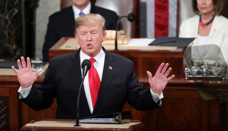 President Trump delivers his State of the Union address to a joint session of Congress on Capitol Hill in Washington, as Vice President Mike Pence and Speaker of the House Nancy Pelosi, D-Calif., watch, Tuesday, Feb. 5, 2019.